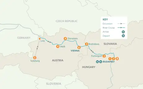 Route map showing the Blue Danube River Cruise stops